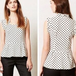 Anthropologie Postmark White and Black Polka Dot Peplum Top